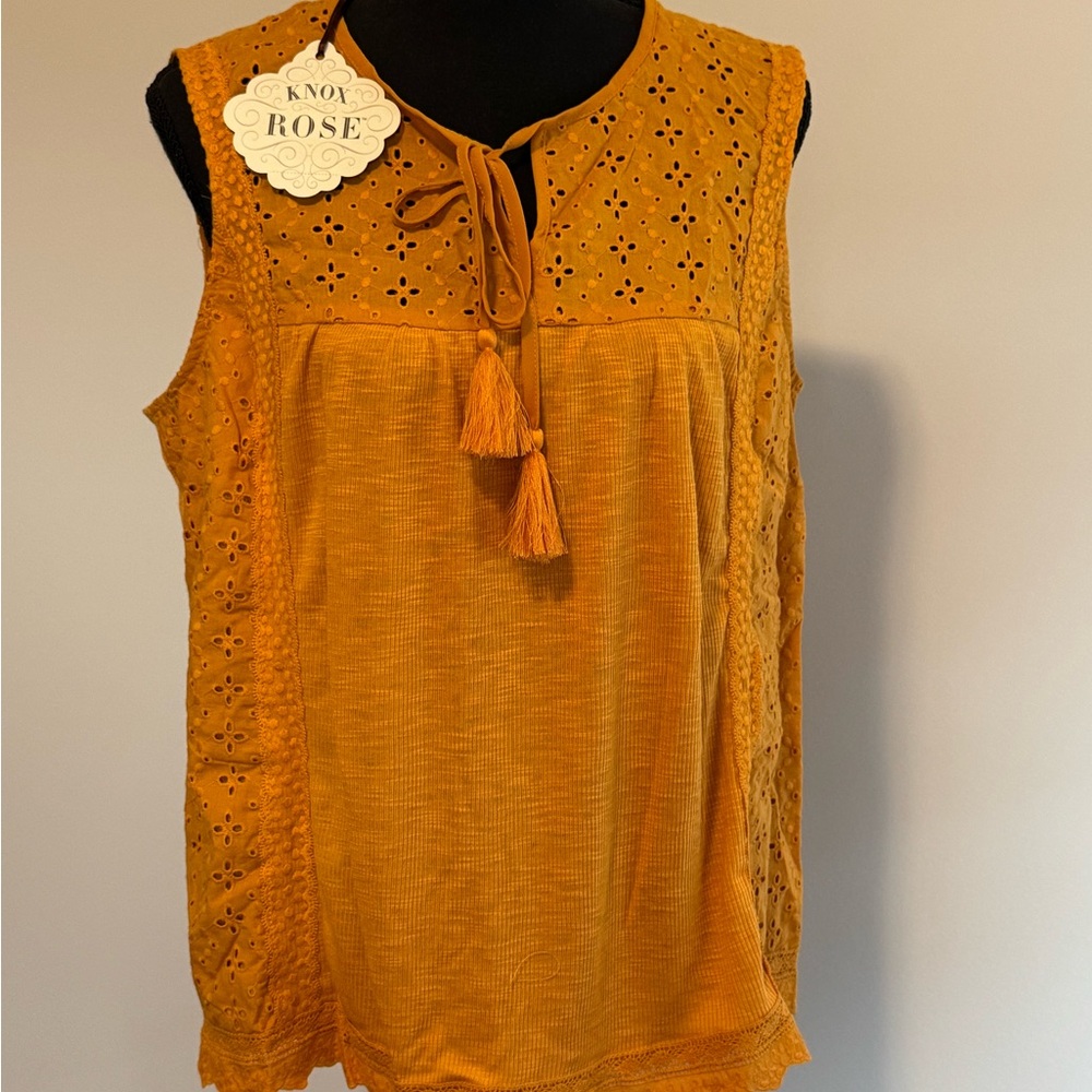 Knox Rose Yellow Sleeveless Blouse with Tie Front and Embellishments